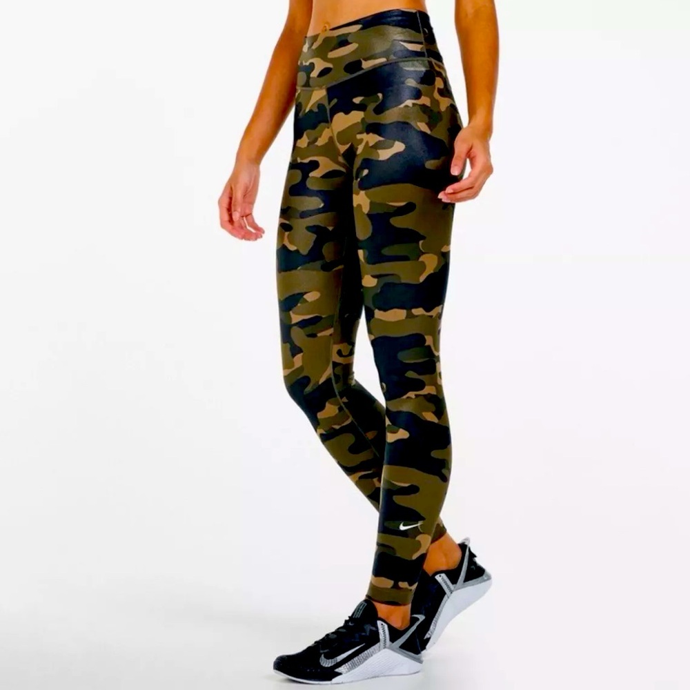 Y2K Nike Leggings Small Logo Shiny Olive Green Camo Mid-Rise Yoga Running
